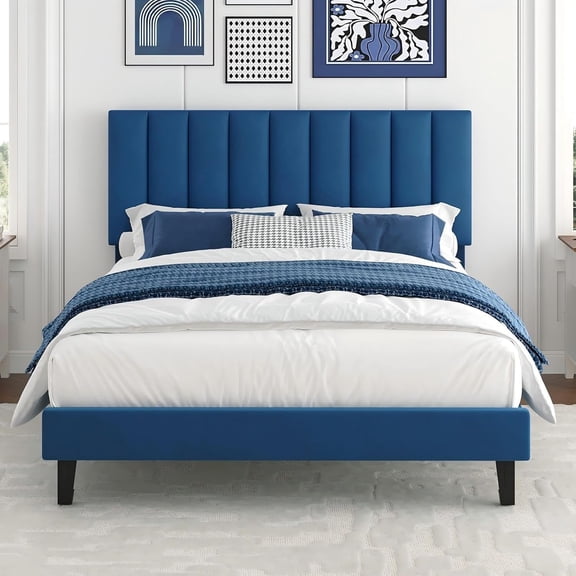 Full Size Bed Frame, Velvet Upholstered Platform Bed with Adjustable Vertical Channel Tufted Headboard, No Box Spring Needed, Easy Assembly, Navy Blue