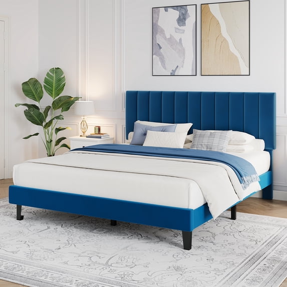 Full Size Bed Frame,Velvet Upholstered Platform Bed with Adjustable Vertical Channel Tufted Headboard,Platform Bed Frame with Sturdy Wooden Slats Support,No Box Spring Needed, Easy Assembly