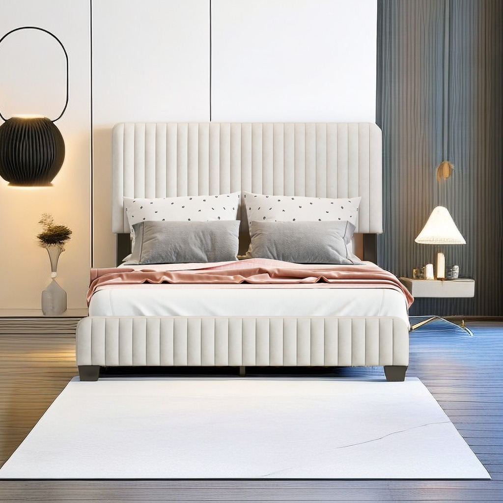 Full Size Bed Frame with Vertical Channel Tufted Wingback Headboard