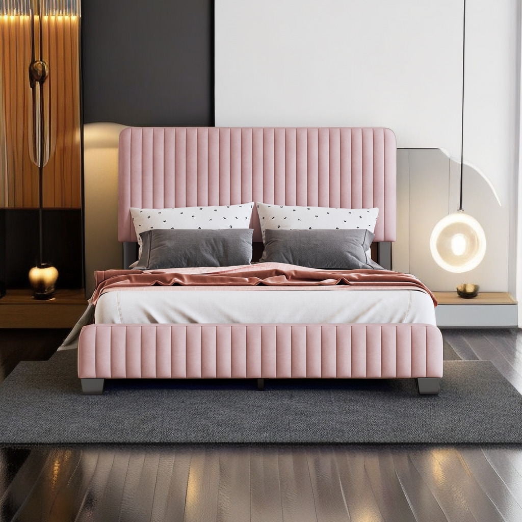 Full Size Bed Frame with Vertical Channel Tufted Wingback Headboard