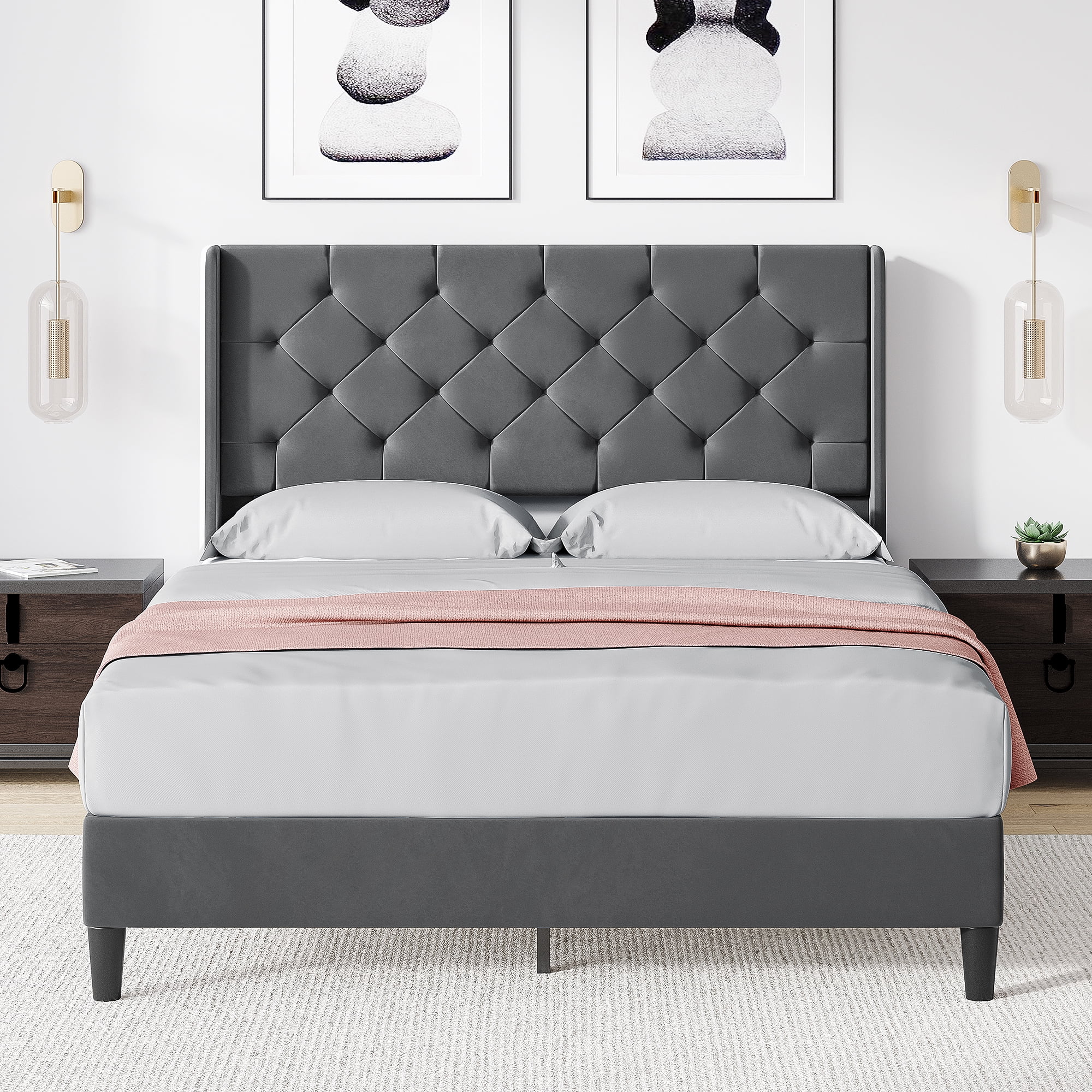 Bed with on sale diamond tufted headboard