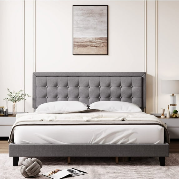 Full Size Bed Frame With Buttoned Linen Headboard,Modern Upholstered Platform Bed with Heavy Duty Base and Wood Slat Support,No Box Spring Required,No Noise