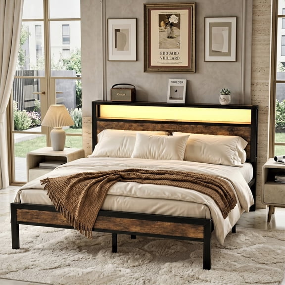 Full Size Bed Frame with LED Lights,Metal Platform Bed with 2-Tier Storage Headboard and Charging Station, Brown
