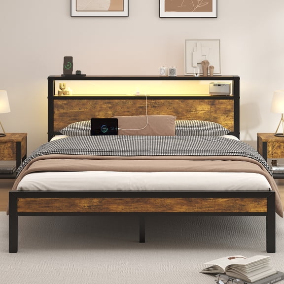 Full Size Bed Frame with LED Lights,Metal Platform Bed with 2-Tier Storage Headboard and Charging Station, Brown