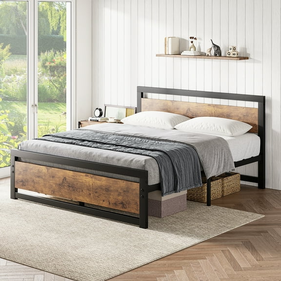 Full Size Bed Frame with Wood Headboard, Industrial Full Platform Bed with Heavy Duty Slat Support, 14 inch Full BedFrame Mattress Foundation No Box Spring Needed