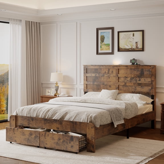 Full Size Bed Frame with Wood Headboard, Metal Platform Bed Frame with 2 Storage Drawers and Charging Station, LED Lights, No Box Spring Needed, Easy Assembly, Dark Brown
