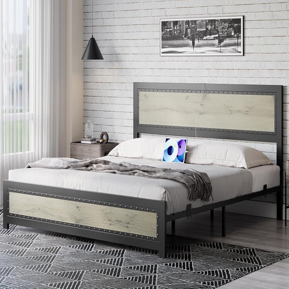 Full Size Bed Frame with Wood Rivet Headboard and Footboard, Industrial Platform Bed Frame Full Size with Charge Station, No Box Spring Needed, Easy to Assemble, Wash Gray