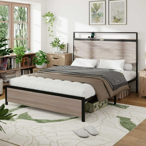 Full Size Bed Frame Wooden Platform Bed Frame with Storage LED Light Headboard and 2 USB Noise-Free / No Box Spring Needed