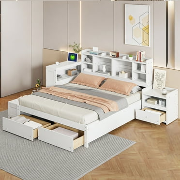 Full Size Bed Frame, Wooden Platform Bed with Nightstand & Desk, Full Bed Storage Headboard with Charging Station, No Box Spring Needed, White
