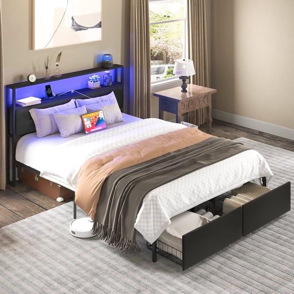 Full Size Bed Frame with 2 Drawers, Metal Platform Full Bed Frame with Storage Headboard, Bedframe with USB Charging Station & LED, Black
