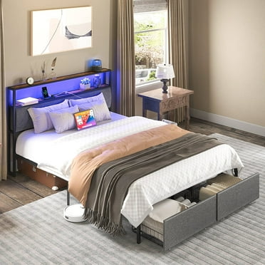 Full Size Bed Frame with 2 Drawers, Metal Platform Bed Frame with Storage Headboard, Bedframe with USB Charging Station & LED, Gray