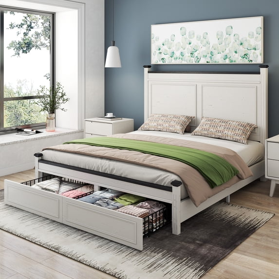 Full Size Bed Frame with 2 Drawers Wood Bed Frame with Storage ...