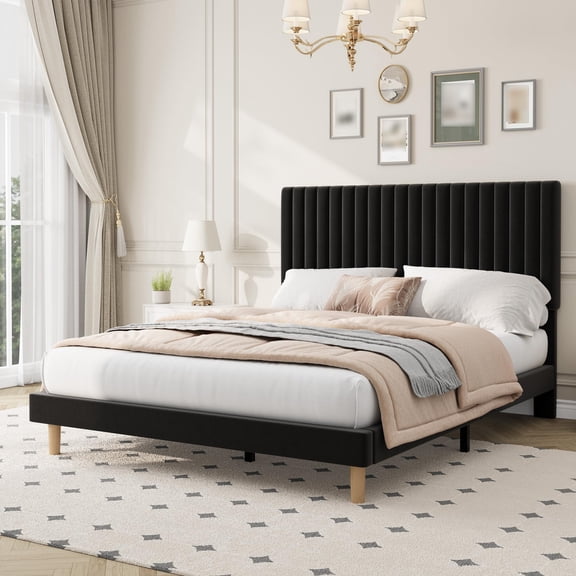 Full Size Bed Frame with 3-Level Adjustable Headboard, Modern Platform Bed with Wooden Slats Support, No Box Spring Needed, Easy Assembly, Black