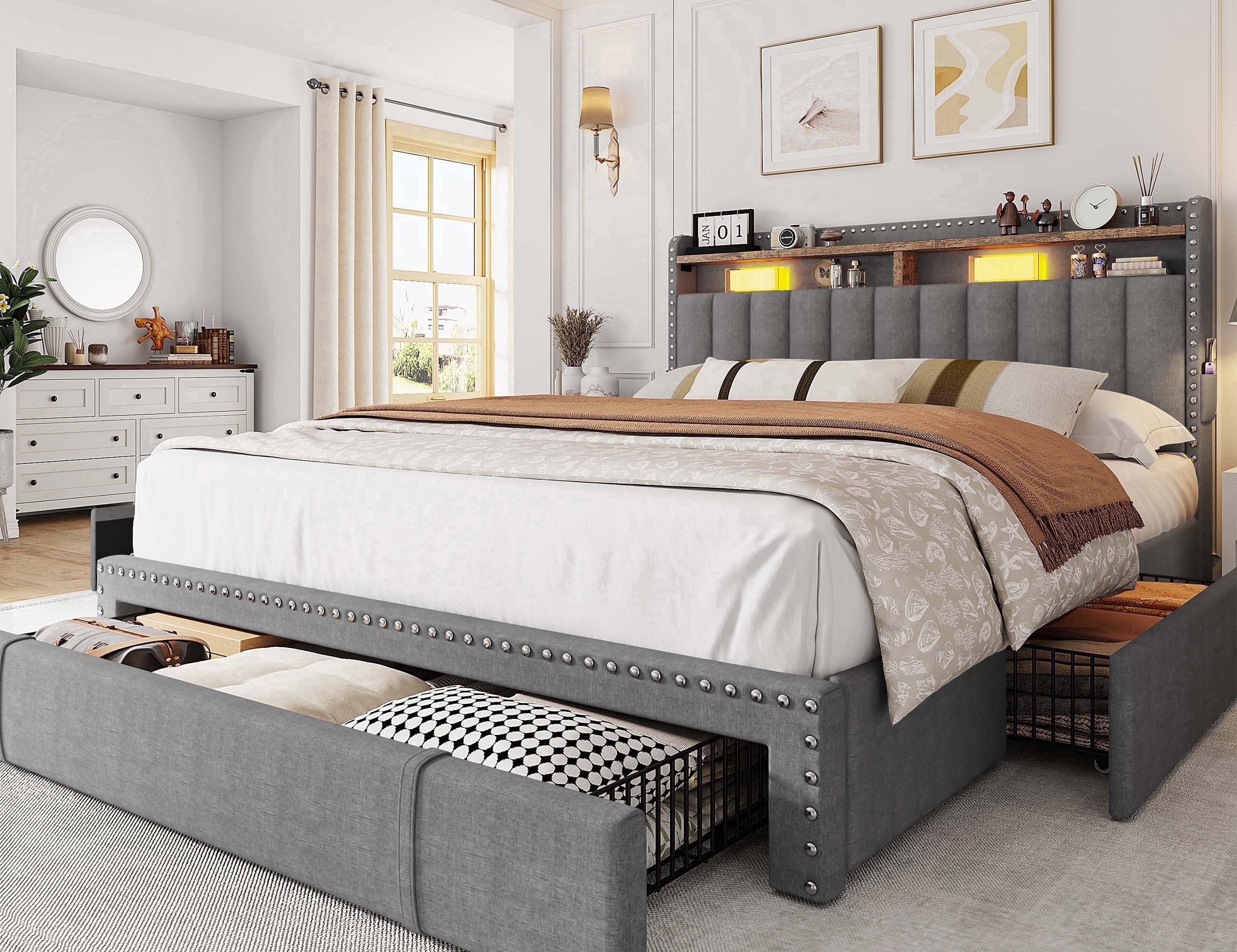 Full Size Bed Frame with 3 Storage Drawers Upholstered Bed Frame with 2-Tier Shelf Bed Frame with Headboard & Side Pockets,Gray