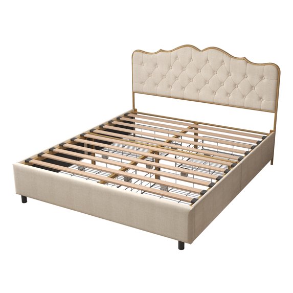 Full Size Bed Frame with 4 Storage Drawers,Platform Storage Bed with metal frame,solid wood ribs,Buckle shaped backres,Beige