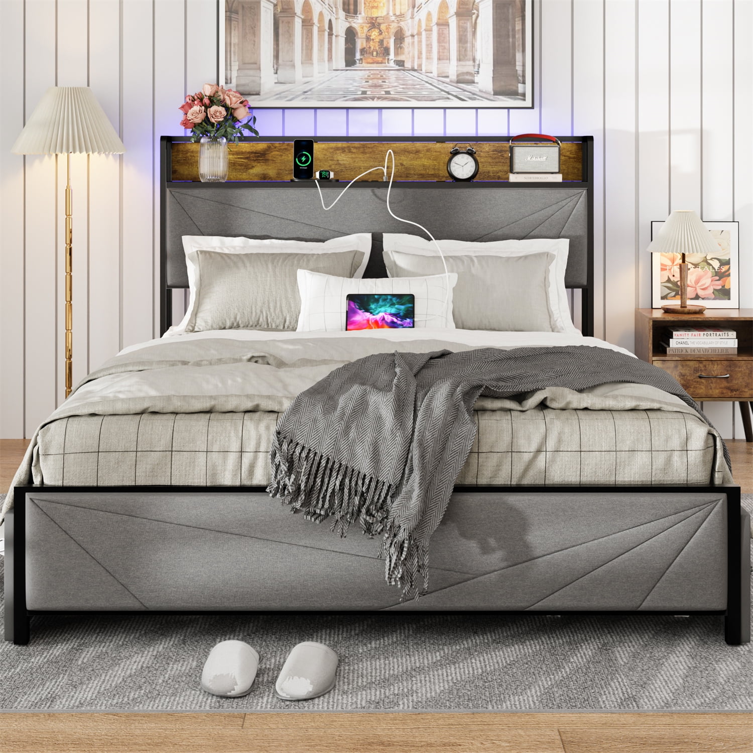 Full Size Dark Grey Upholstered Bed Frame with Storage Drawers and USB Ports