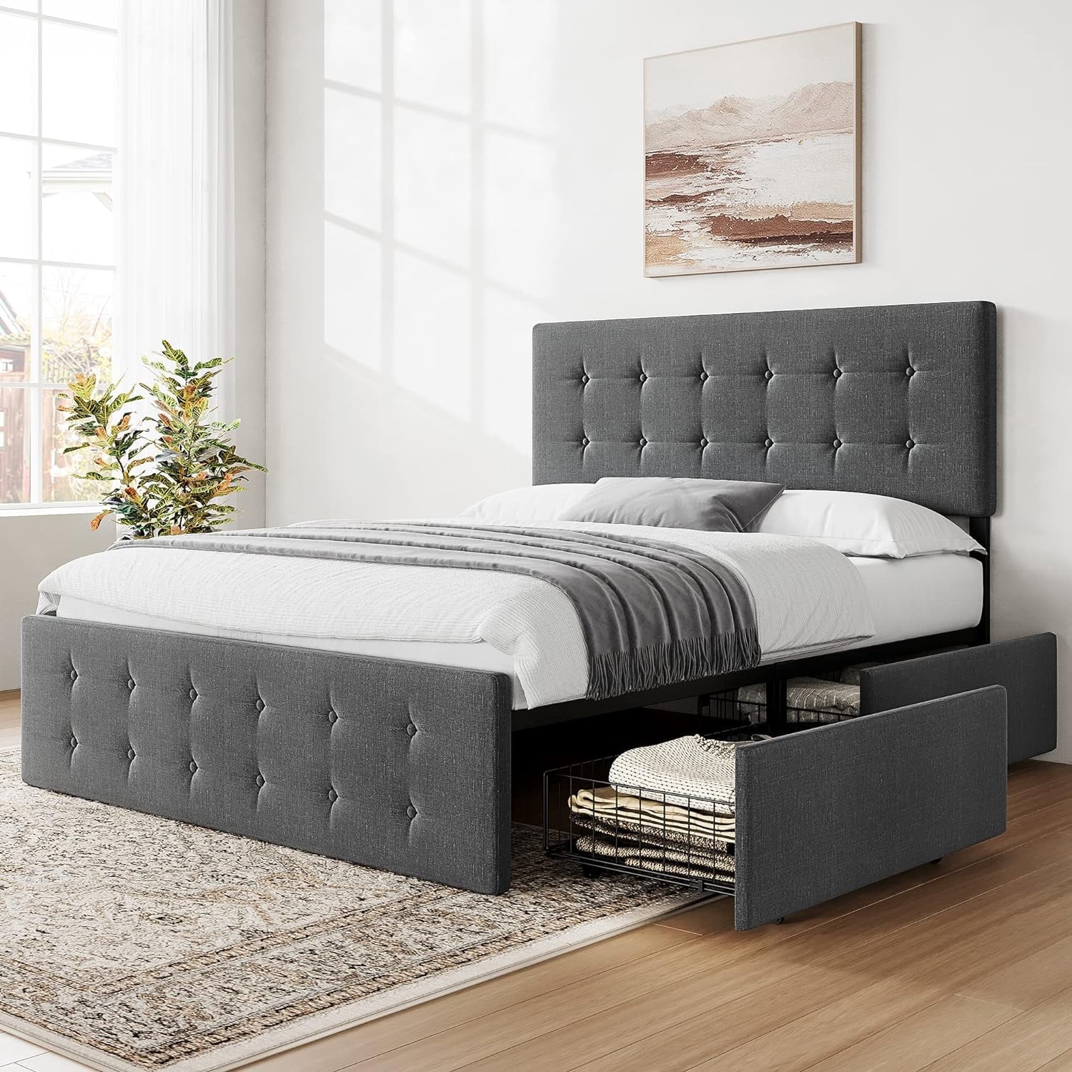 Full Size Bed Frame with 4 Storage Drawers and Upholstered Headboard ...