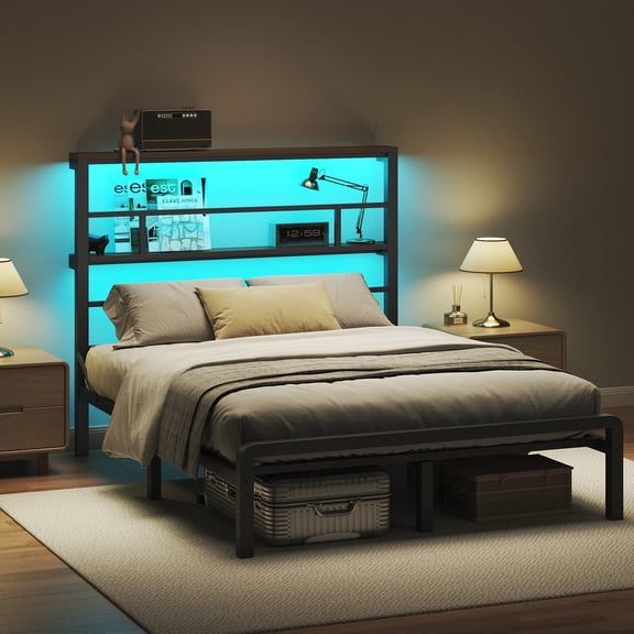 Patbrela Full Size Bed Frame with 49.2-Inch LED High Headboard and 2-Tier Storage, Metal Platform Bed, Black