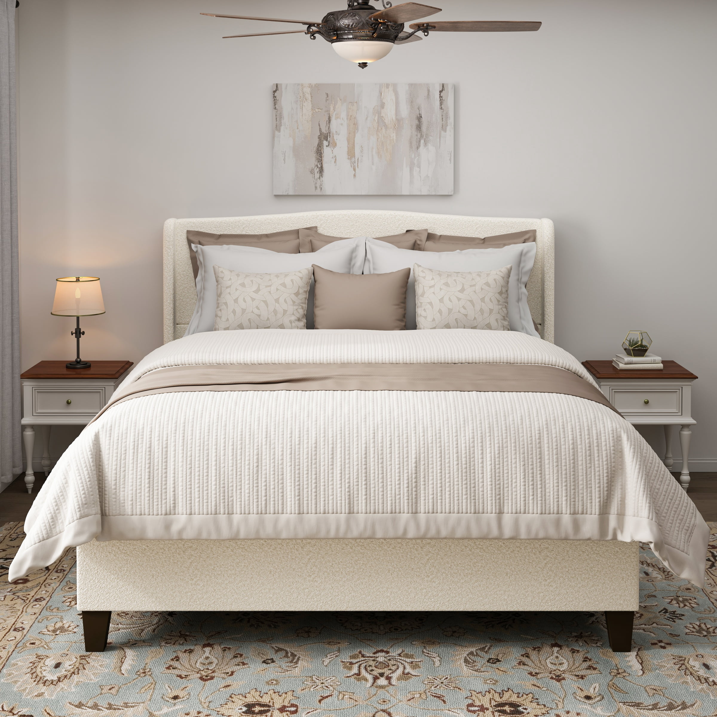 Full Size Bed Frame with 49.21"High Back Upholstered Headboard and 27.16" High Footboard,Teddy Velvet,12 Slat Support,Solid Wood Feet,Beige