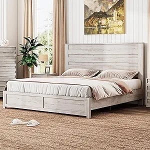 Distressed White Full Farmhouse Wood and Metal Bed Frame with Slats