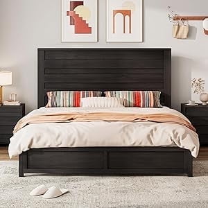 Full Black Metal Frame Bed with Wood Headboard and Slats