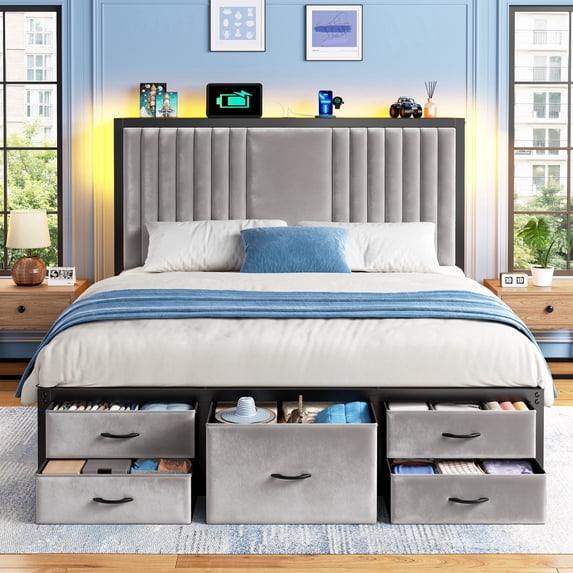 Full Size Bed Frame with 5 Storage Drawers, LED Lights & Charging Station ,Quiet,Sturdy,and Easy to Assemble,Grey
