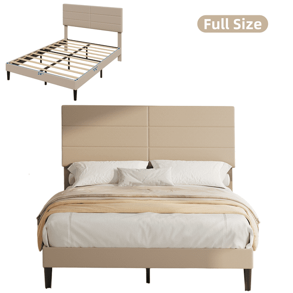Full Size Bed Frame with Adjustable Headboard, Upholstered Platform Bed, No Box Spring Needed, Noise-Free, Easy Assembly (Beige)