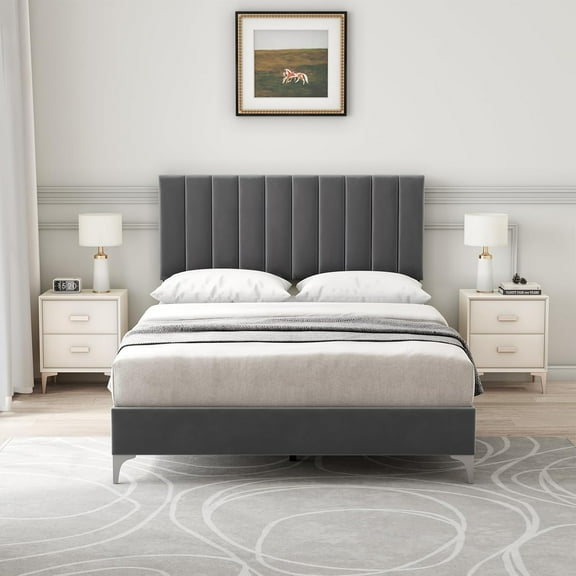 Full Size Bed Frame with Adjustable High Velvet Headboard, Wood Slats, No Box Spring, Easy Assembly, Grey