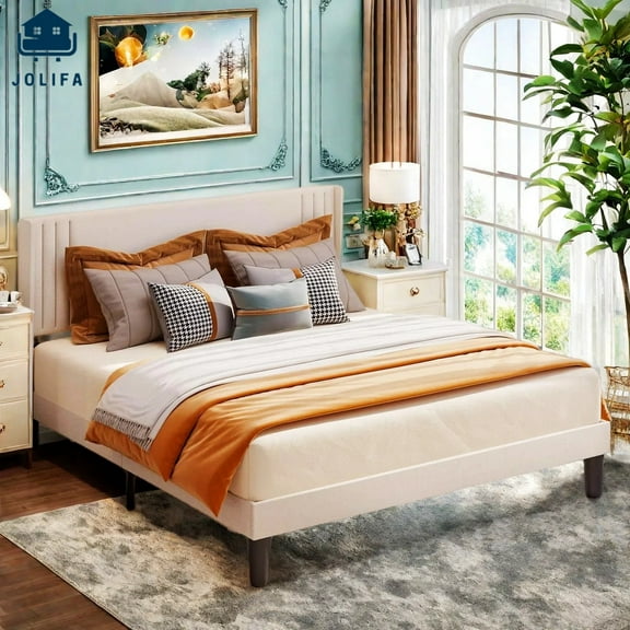 Jolifa Full Bed Frame with Wingback Headboard - Underbed Storage Platform Bed,Beige