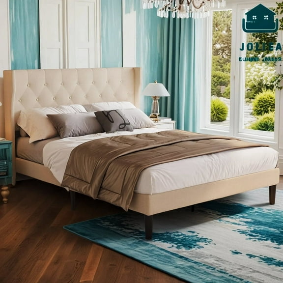 Jolifa Full Bed Frame, Upholstered Platform Wingback Headboard, Beige