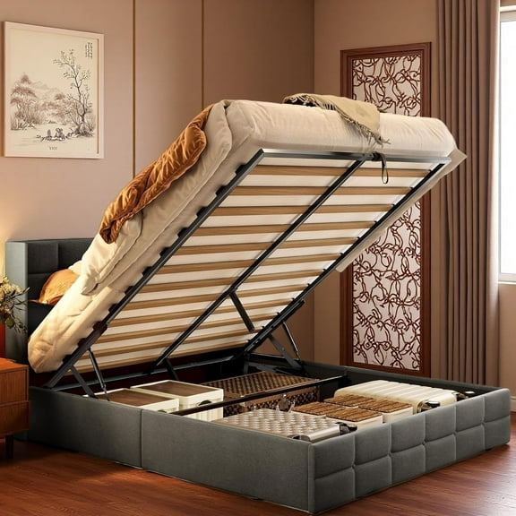 Jolifa Full Lift Up Storage Bed, Full Size Bed Frame with Upholstered Panel Wingback Headboard - Gray