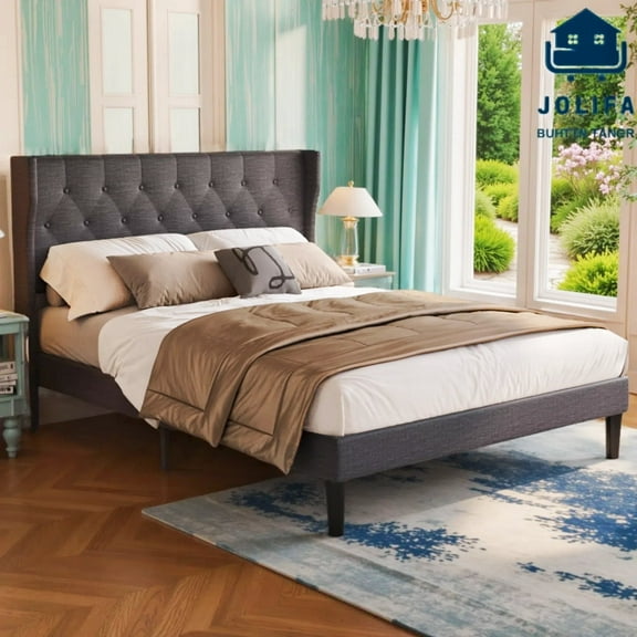 Jolifa Full Size Upholstered Platform Bed Frame with Upholstered Wingback Headboard, Dark Gray