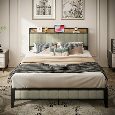 Full Size Bed Frame with Charging Station, Upholstered Headboard, Metal Platform, Light Grey