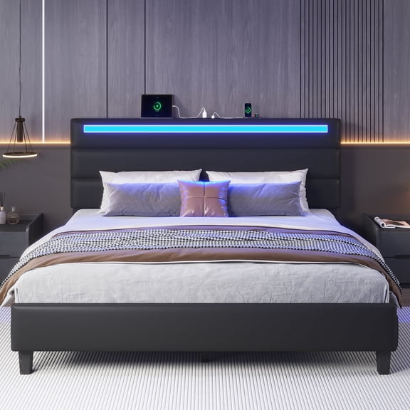Full Size Bed Frame with Charging Station and LED Lights, Upholstered Headboard with Storage Shelves, No Box Spring Needed, Black
