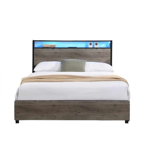 Full Size Bed Frame with Drawers and Charging Station,Wood Platform Bed with LED Storage Headboard,No Box Spring Required,Stable Structure Grey