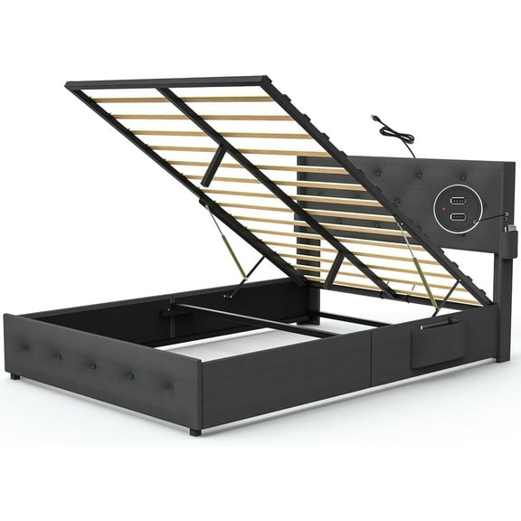 Full Size Bed Frame with Gas Lift Storage, Modern Wingback Headboard, and Convenient USB Ports for Easy Charging