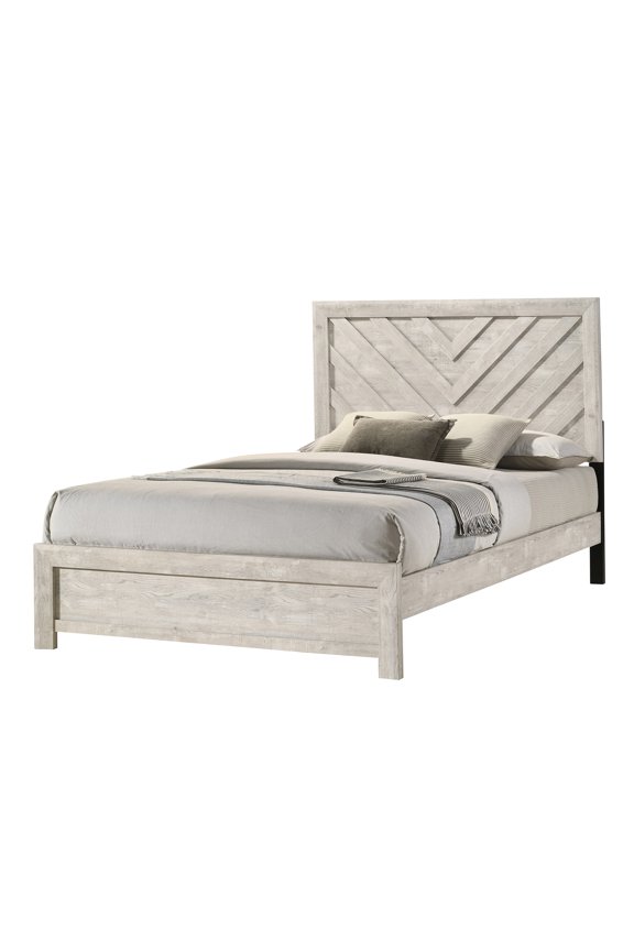 Full Size Bed Frame with Geometric Headboard, Modern Wood Platform Bed with Slat Support, No Box Spring Needed, Beige Gray Finish