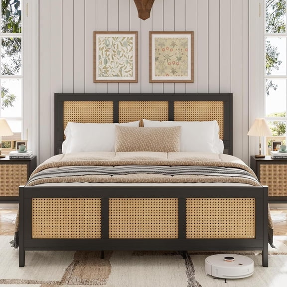 Full Size Bed Frame with Headboard, Boho Rattan Bed Frame with Strong Metal Slat, Noise Free, No Box Spring Needed, Black and Natural