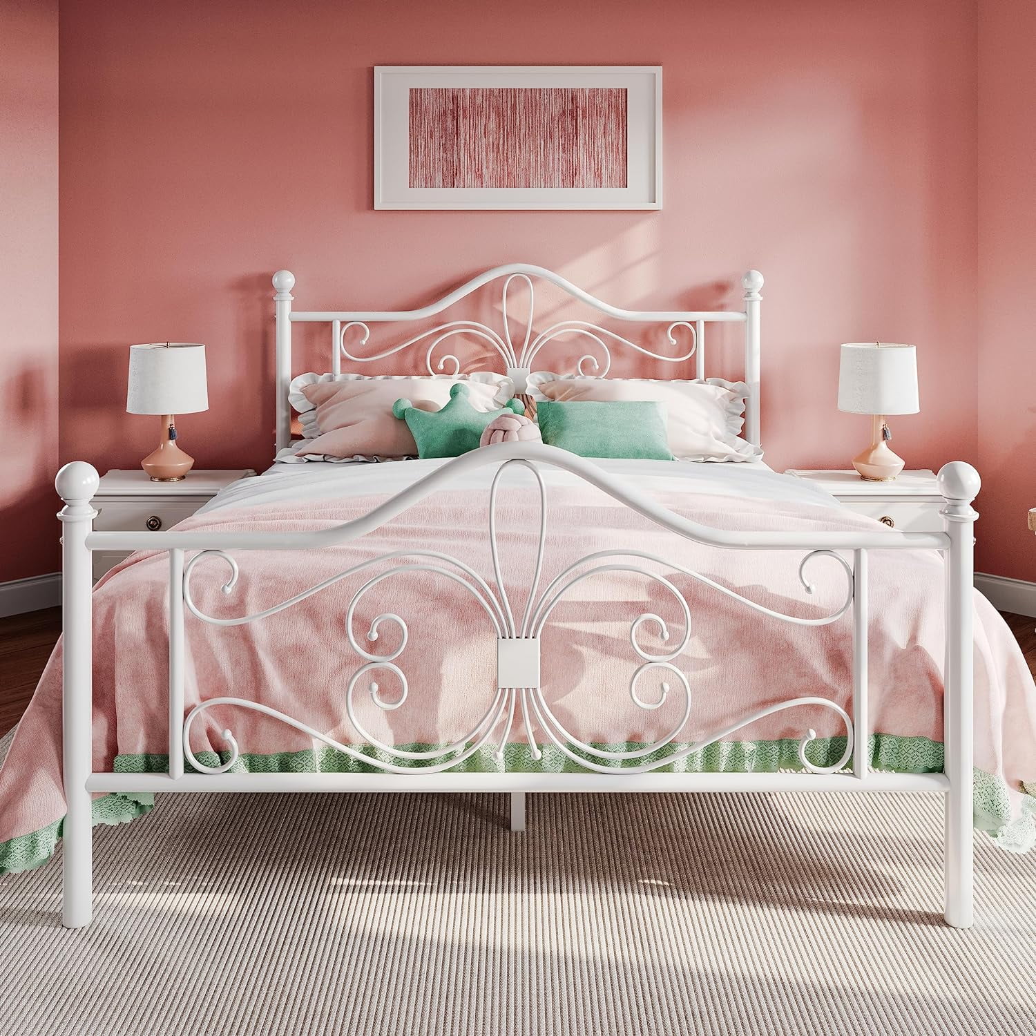 Full Size White Metal Bed Frame with Butterfly Design Headboard