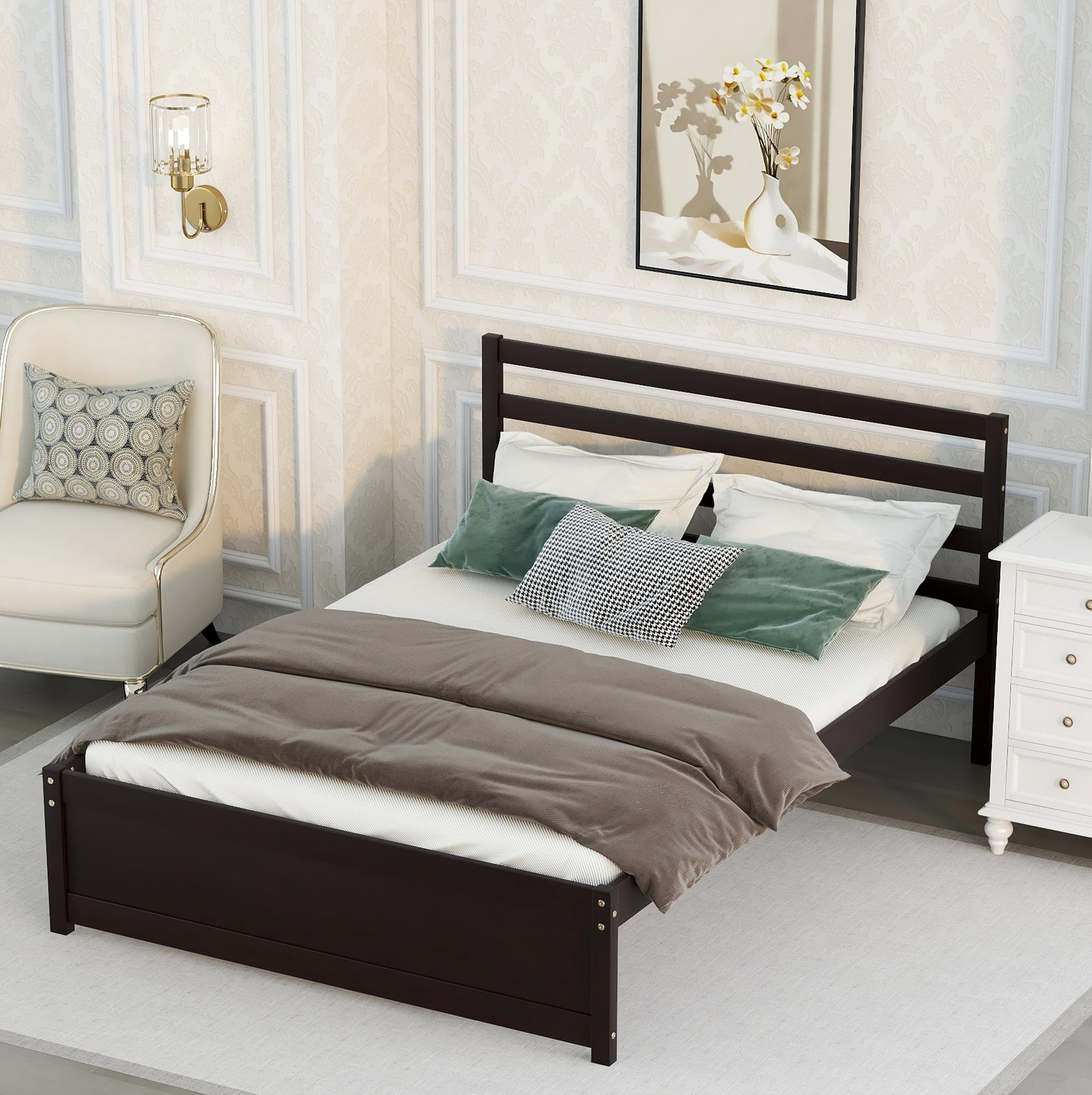 Full Size Bed Frame with Headboard, Platform Bed Frame Solid Wood with