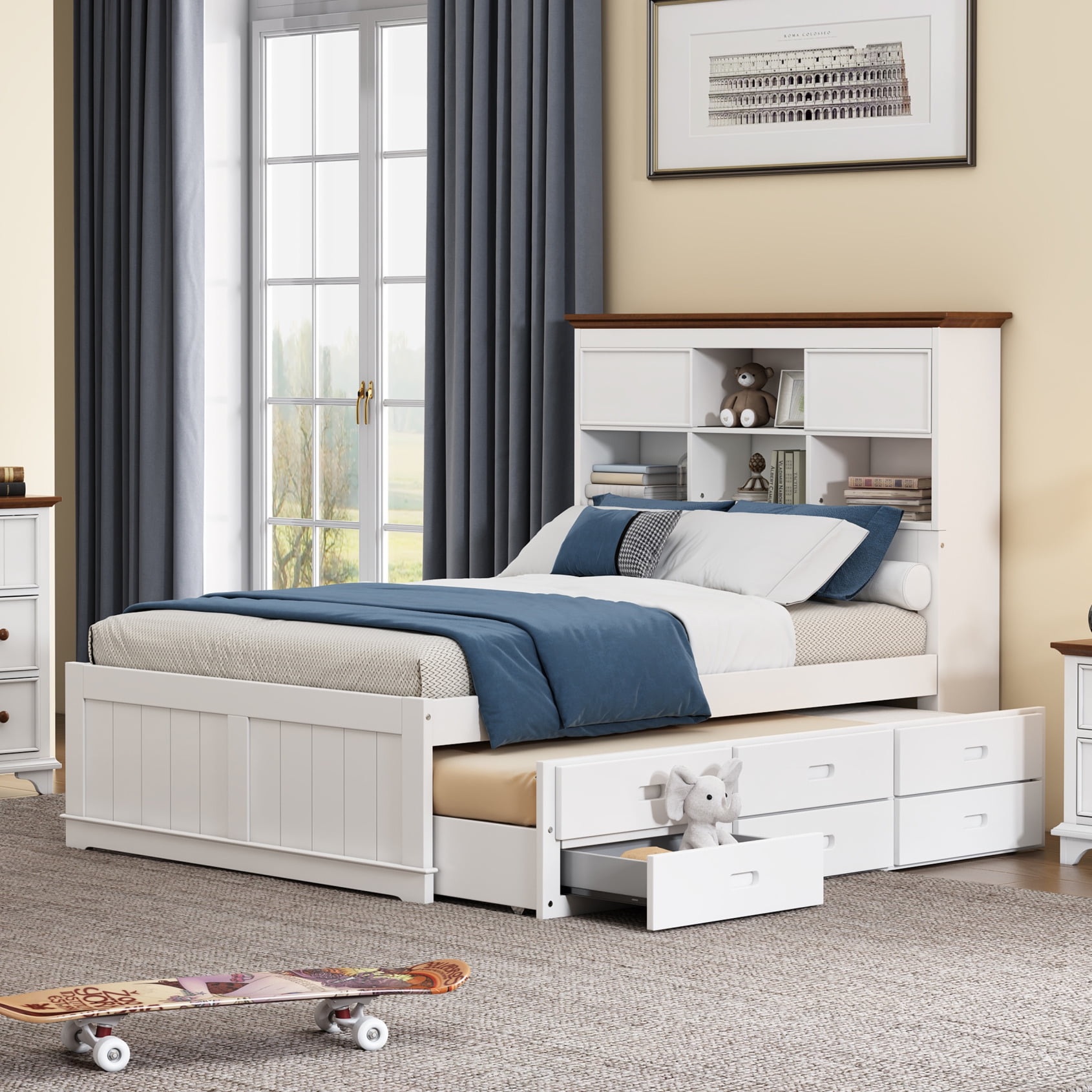 Full Size Bed Frame with Headboard Trundle Captains Bed with 3 Drawers Wood Storage Bed for Kids Teens Adults White Walmart