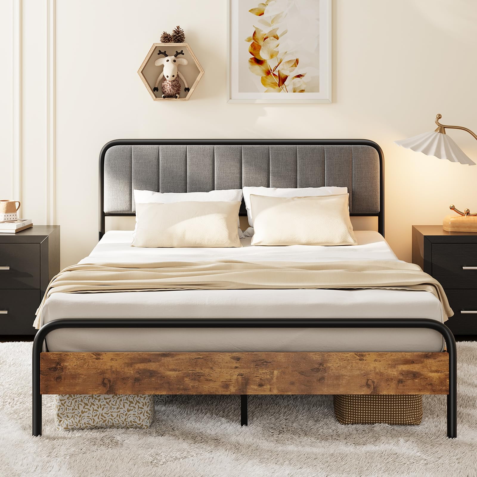 Full Size Bed Frame with Headboard, Under-Bed Storage, 850lbs, Beige