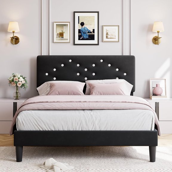 Full Size Bed Frame with Headboard, Velvet Upholstery, Crystal Diamond Tufted, No Box Spring, Black