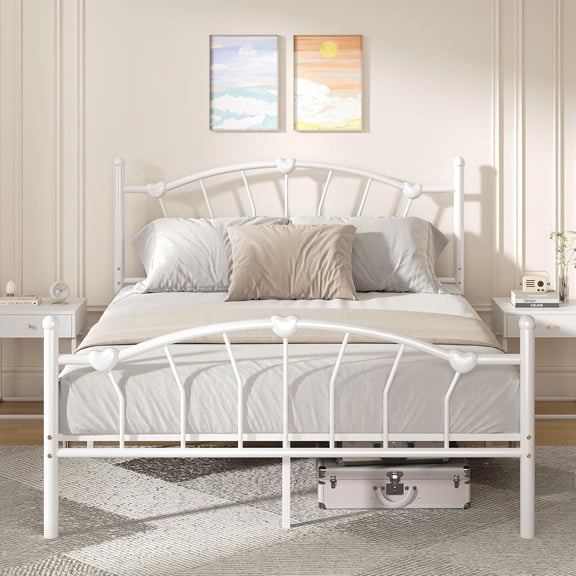 Full Size Bed Frame with Heart-Shaped Headboard and Footboard, Metal Slat Support, White