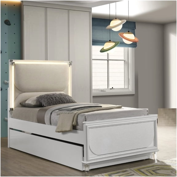 Full Size Bed Frame with LED Headboard and Beveled Mirror, Upholstered Pearl White Platform Bed with Embossed Panels for Modern Glam Bedroom