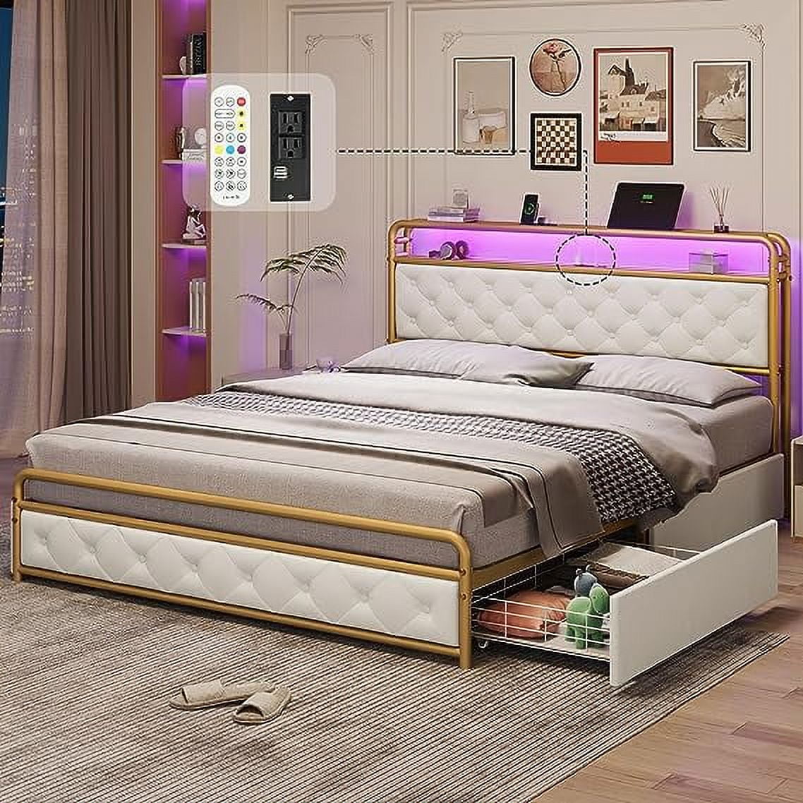 Full Size Bed Frame with LED Light Headboard & Storage Drawers, USB