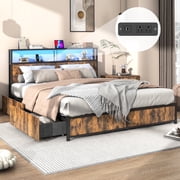 Full Size Bed Frame with LED Light & Outlets USB Ports, Metal Platform Bed with Storage Headboard & 4 Large Drawers, No Box Spring Needed