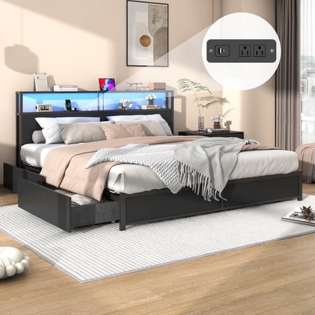 ChVans Full Bed Frame with LED Storage Headboard, Heavy Duty Metal Platform Bed with 4 Drawers, Charging Station, 1100 lbs Capacity, No Box Spring Needed