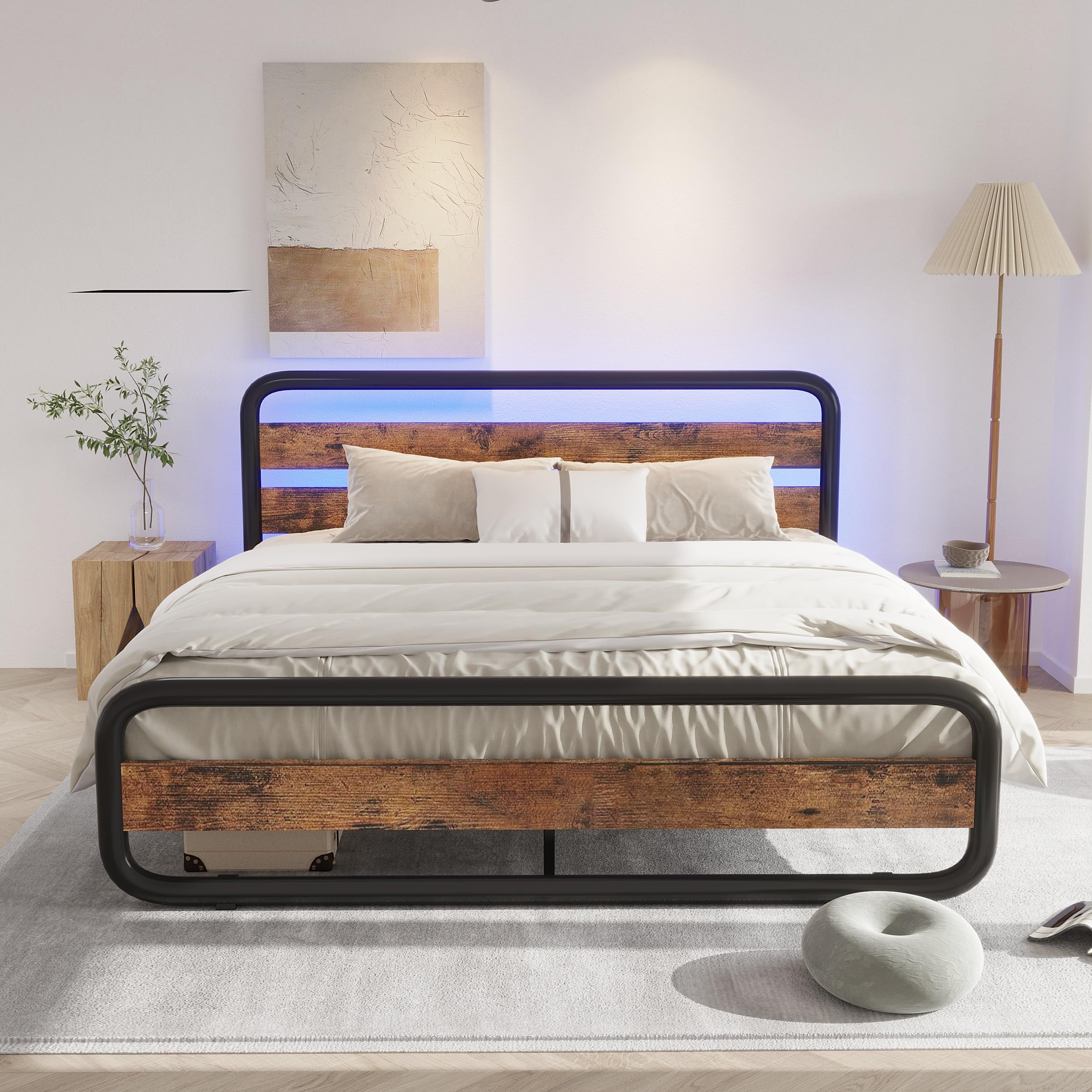 Full Size Bed Frame with LED Light Wooden Headboard Footboard