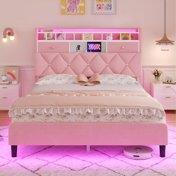 Full Size Bed Frame with LED Light and Charging Station and Storage Headboard,2 Drawers & Storage Shelves, Velvet Upholstered Platform Bed Frame,Pink